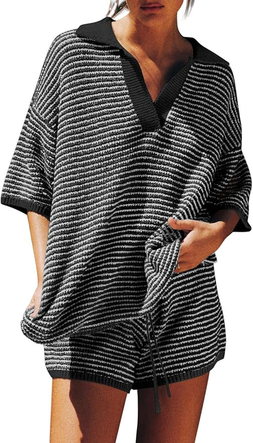 Tankaneo Womens Sweater Set 2 Piece Outfits 3/4 Sleeve Tops Shorts Lounge | Amazon (US)