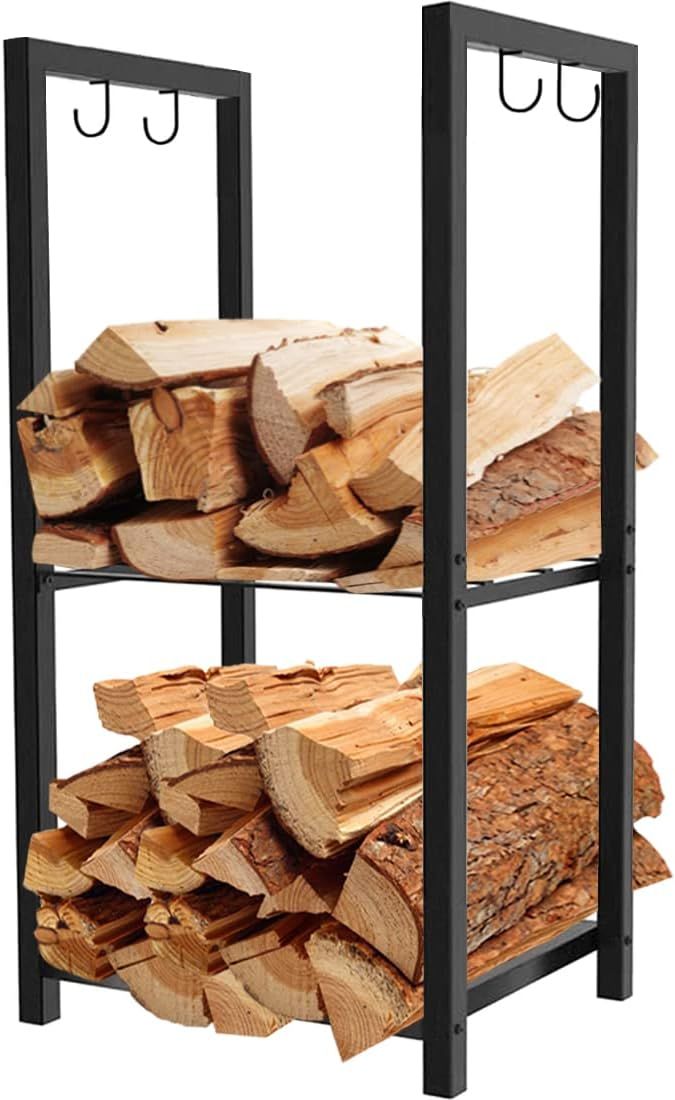 Koutemie 2 Tiers Small Firewood Log Storage Rack Holder for Indoor Fireplace or Outdoor Patio, Bl... | Amazon (US)
