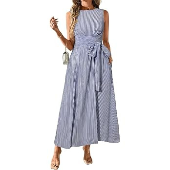 ebossy Women's Striped Shirt Dress Casual Crewneck Tie Waist Sleeveless A-Line Maxi Cotton Dress ... | Amazon (US)