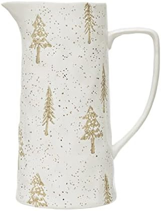 Creative Co-Op Hand-Stamped Stoneware Pitcher with Tree Pattern and Gold Electroplating, White | Amazon (US)