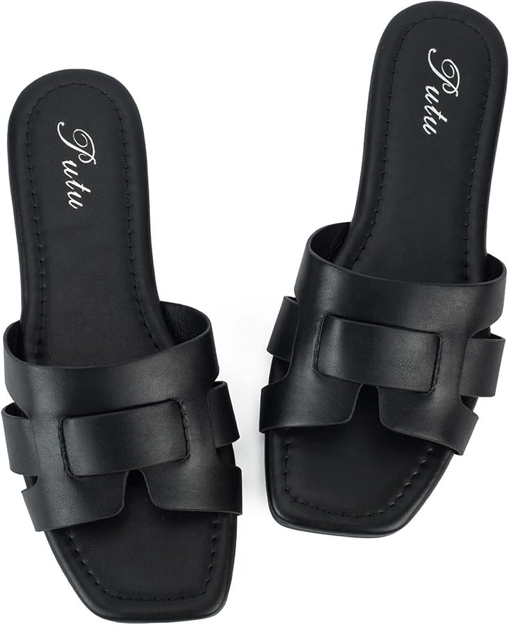 Putu Women's Flat Sandals Dressy Summer Sandals Strappy Slides with Square Open Toe | Amazon (US)