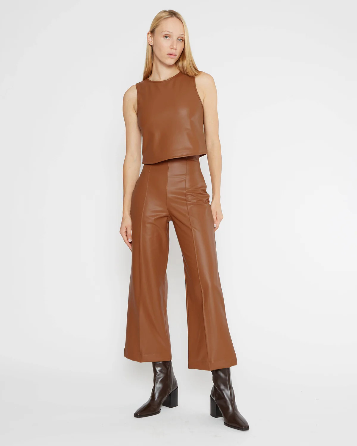 Camel Vegan Leather Straight Leg Pant: Cropped | Ripley Rader