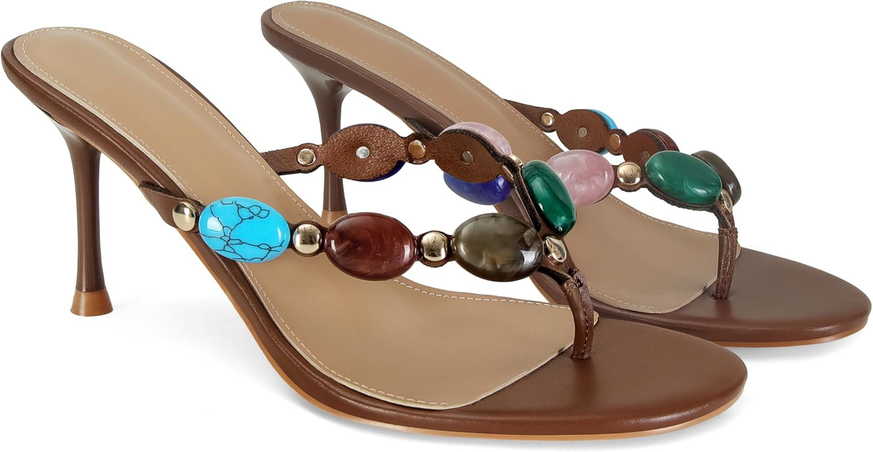 Jeweled Flip Flop Kitten Heels for Women Open Toe Beaded Strappy High Heels Sandals Slip On Thong... | Amazon (US)