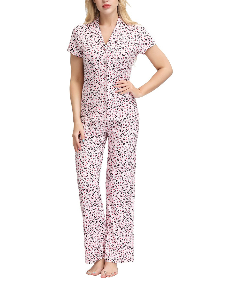 Jammies by HIP Style Women's Sleep Bottoms Animal - Pink & White Leopard Heart Button-Up & Pajama Pa | Zulily