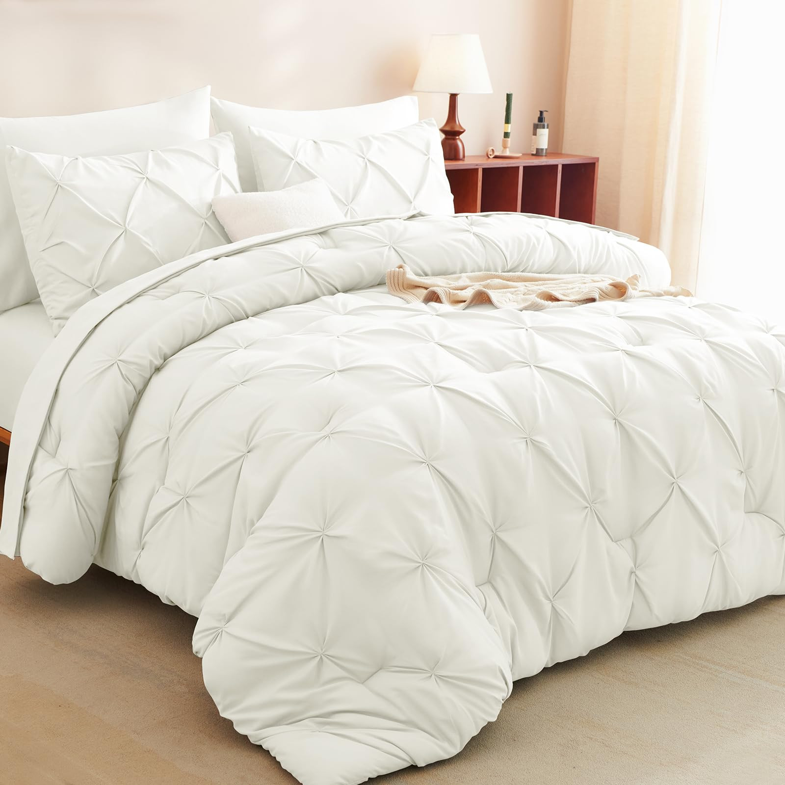 CozyLux King Size Comforter Set Ivory, 7 Pieces Pintuck Bed in A Bag Ivory Comforter King Size, P... | Amazon (US)