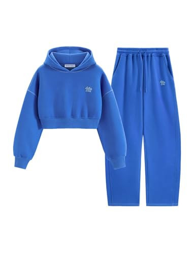 Aelfric Eden Baggy Sweatsuit Set for Womens Fleece 2 Piece Outfits Tracksuit Matching Crop Top Hoodies Barrel Pants Blue Large | Amazon (US)