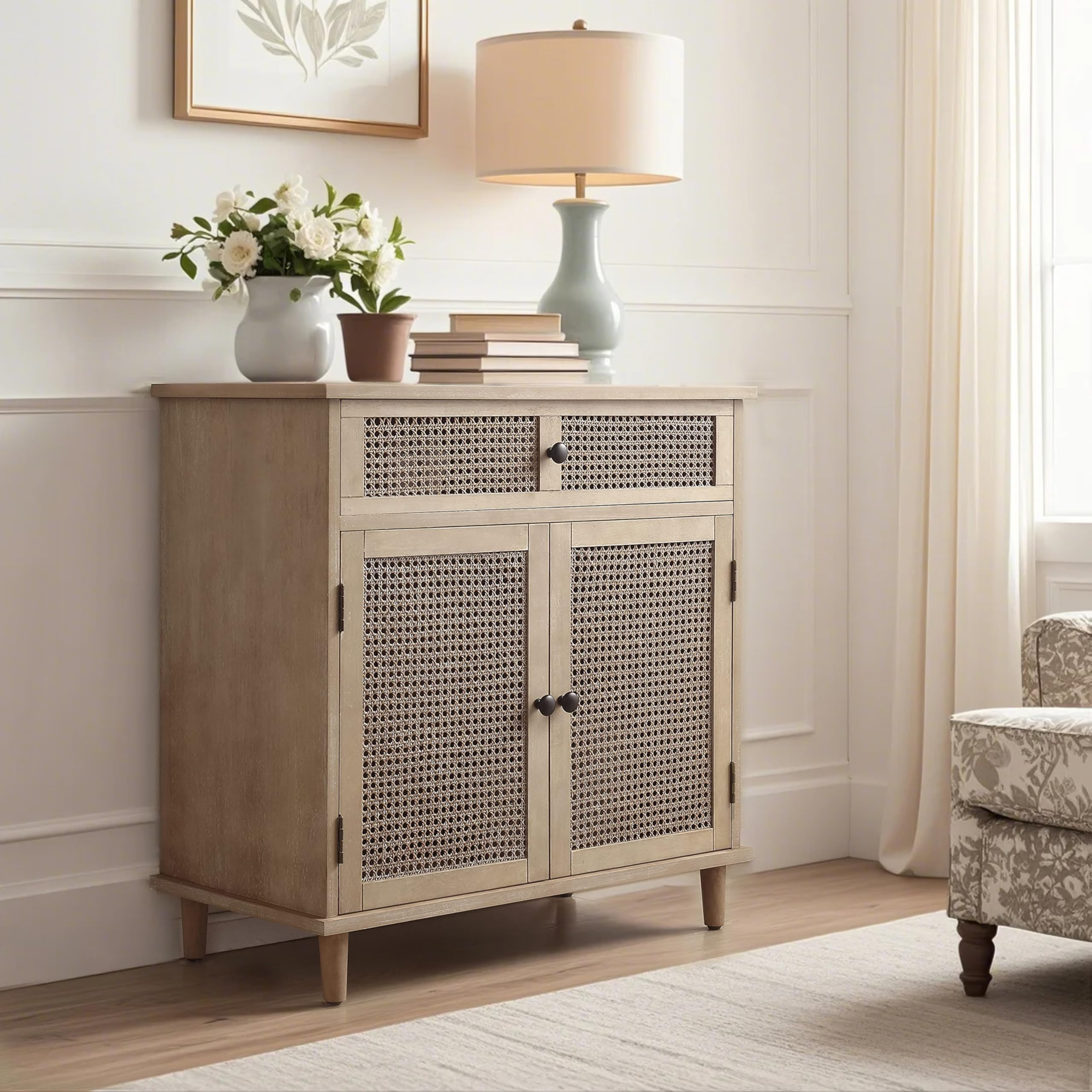 Sideboard Buffet Cabinet, Rattan Storage Cabinet with 2 Doors and Removable Shelf, Farmhouse Deco... | Amazon (US)
