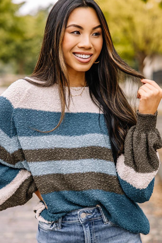 Feeling Fine Teal Blue Striped Sweater | The Mint Julep Boutique