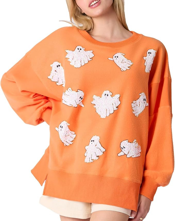 Meiweileya Womens Y2k Halloween Spooky Ghost Candy Corn Sequin Graphic Sweatshirt | Amazon (US)