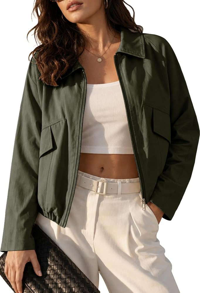Angashion Women's Cropped Bomber Jacket Lightweight Casual Zip Up Outerwear | Amazon (US)