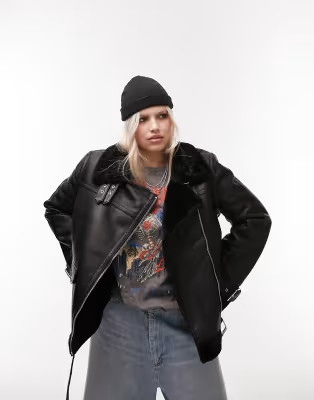 Topshop Curve faux leather shearling aviator moto jacket in black | ASOS (Global)