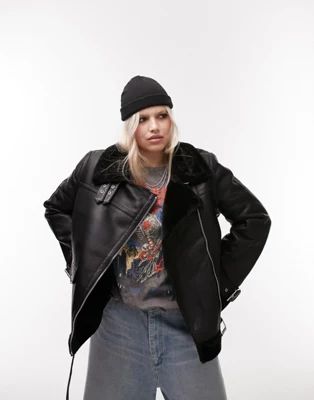 Topshop Curve faux leather shearling aviator moto jacket in black | ASOS (Global)