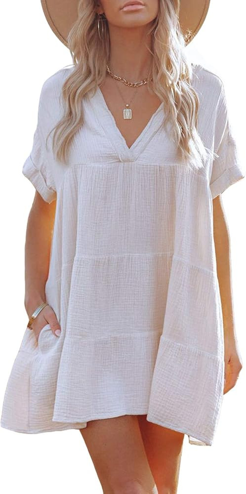 Yanekop Womens Summer Short Sleeve Dress V Neck Pleated Babydoll Dress with Pockets | Amazon (US)