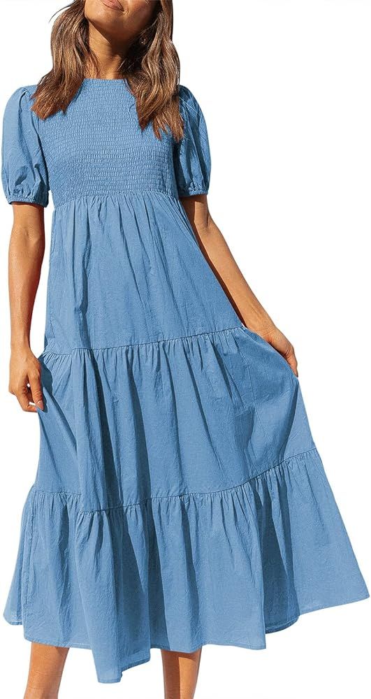ANRABESS Women's Summer Short Sleeve Crewneck Smocked Sundress Tiered Swing A Line Beach Midi Dress  | Amazon (US)