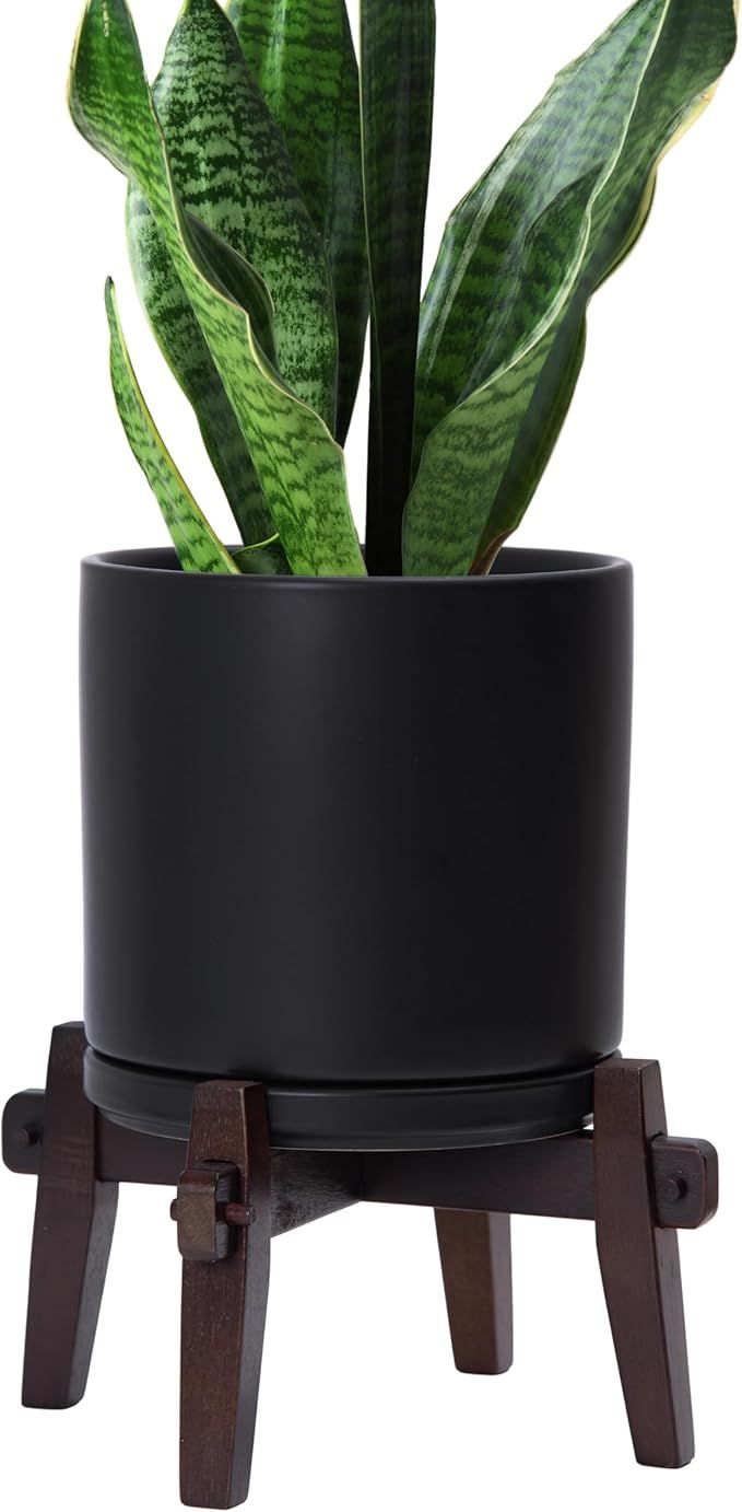 D'vine Dev Ceramic Planter with Wood Stand - 8 Inch Mid Century Modern Cylinder Indoor Plant Pot ... | Amazon (US)