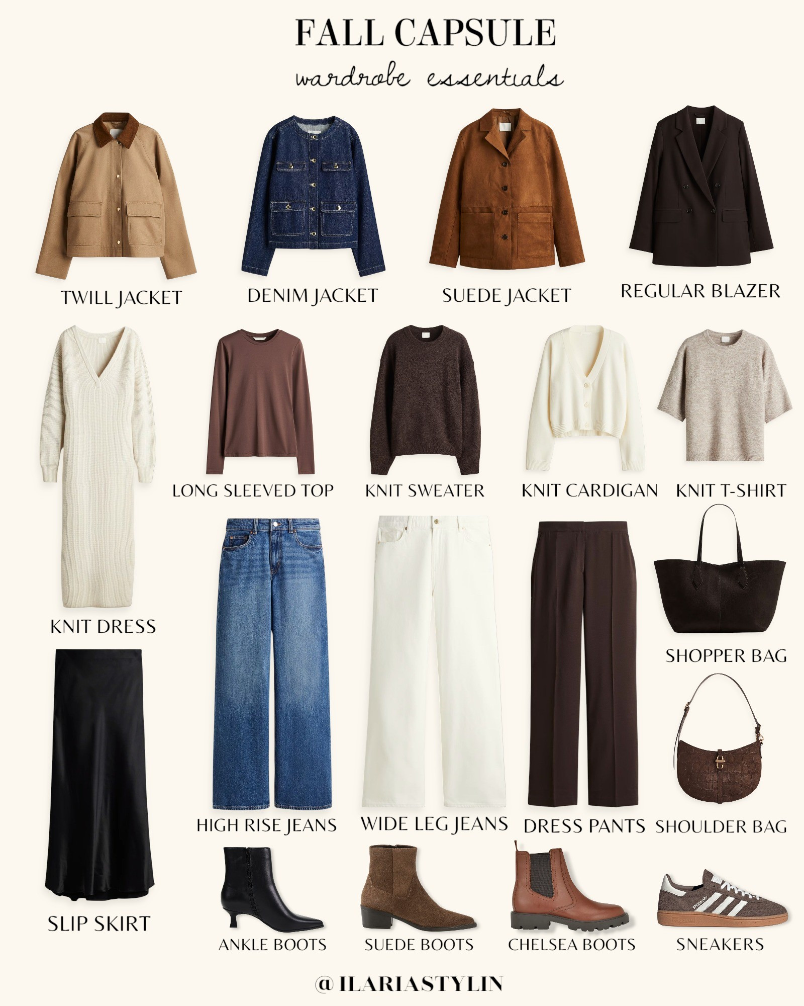 FALL CAPSULE: wardrobe essentials 🍂                                                                                                                                          fall capsule, capsule wardrobe, wardrobe essential, fall fashion, camel jacket, corduroy collar jacket, denim jacket, brown blazer, double breasted blazer, beige blazer, suede blazer, brown top, long sleeve top, brown sweater, knit sweater, cream cardigan, knit cardigan, v-neck cardign, taupe t-shirt, knit t-shirt, cream dress, rib-knit dres, knit dress, black skirt, slip skirt, satin skirt, blue jeans, high rise jeans, white jeans, wide leg jeans, brown pants, dress pants, straight leg pants, women fashion

#LTKSeasonal #LTKFindsUnder100 #LTKStyleTip