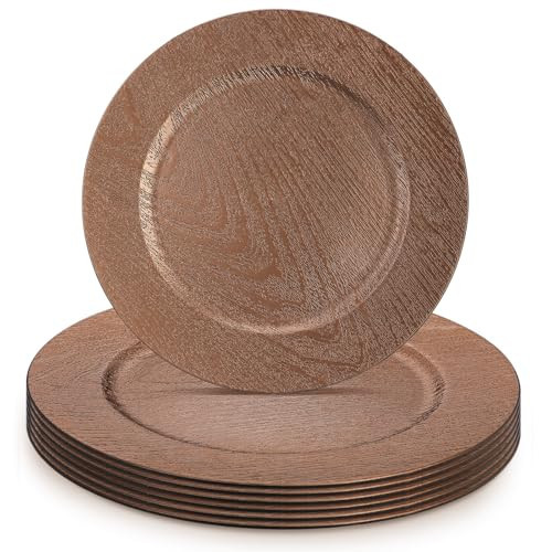 Mifoci 6 Pcs 13" Dark Brown Boho Faux Wood Plastic Charger Plates, Faux Wood Chargers for Dinner Plates Round Rustic Wedding Party Service | Amazon (US)