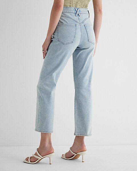 High Waisted Light Wash Ripped Straight Ankle Jeans | Express