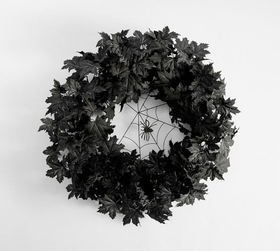 Lit Halloween Maple Leaf With Spider Web Wreath | Pottery Barn (US)