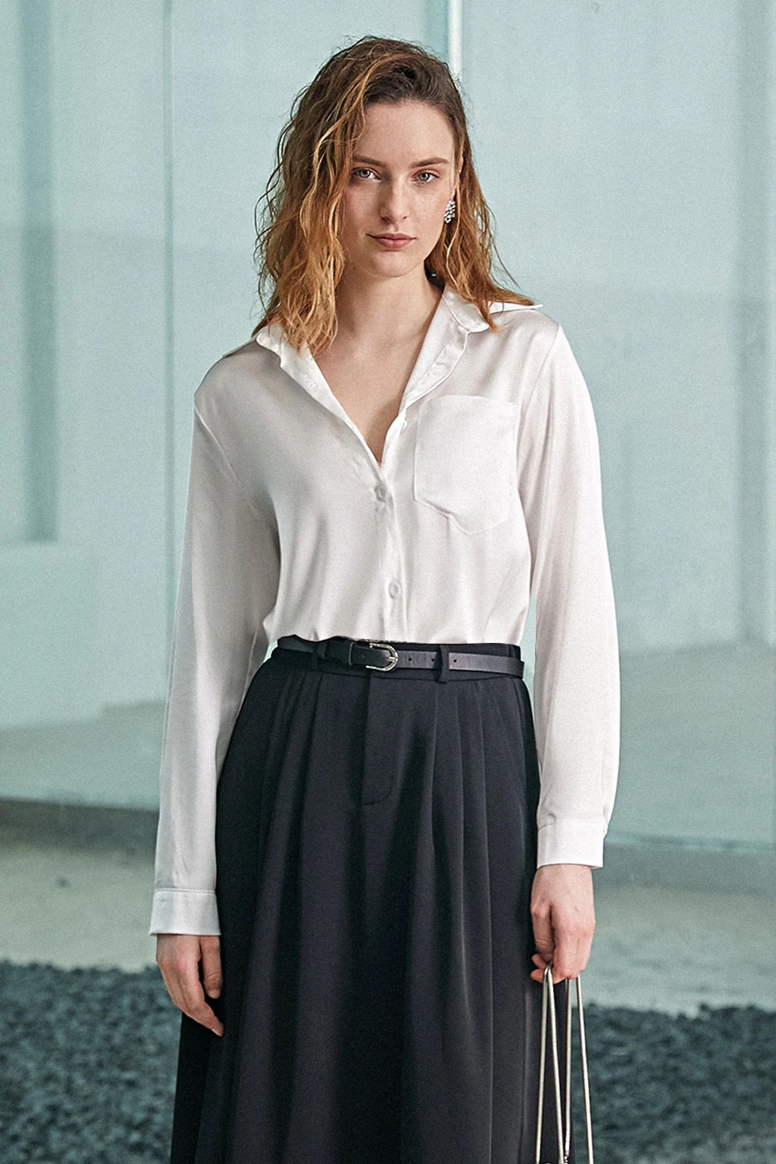 White Satin Button-Up Long Sleeve Shirt | J.ING