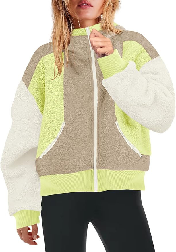 Yanekop Womens Oversized Sherpa Jacket Cozy Color Block Fleece Jacket Fuzzy Zip Up Hoodies Outerw... | Amazon (US)