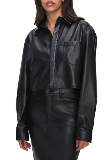 Good American Faux Leather Crop Button-Up Shirt in Black001 at Nordstrom Rack, Size Small | Nordstrom Rack