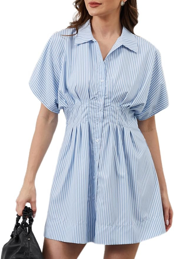 Women Button Down Pleated Shirt Dress Summer Short Sleeve Blouse Striped Print Corset Mini Dresse... | Amazon (US)