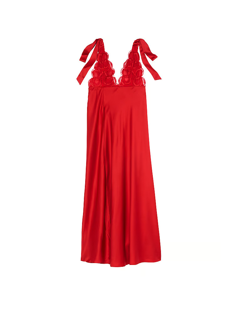 Tied-with-a-Bow Embroidery Plunge Satin High-Leg Gown | Victoria's Secret (US / CA )