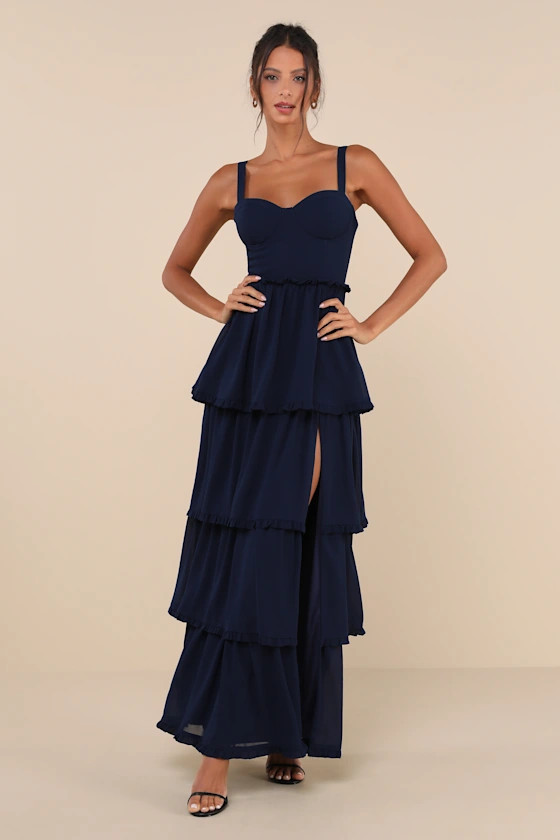 Sophisticated Occasion Navy Blue Bustier Lace-Up Maxi Dress | Lulus