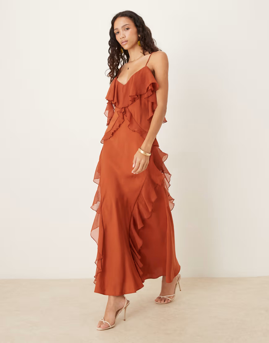 ASOS DESIGN washed satin cami maxi dress with chiffon mix ruffles and full hem in cinnamon brown | ASOS (Global)