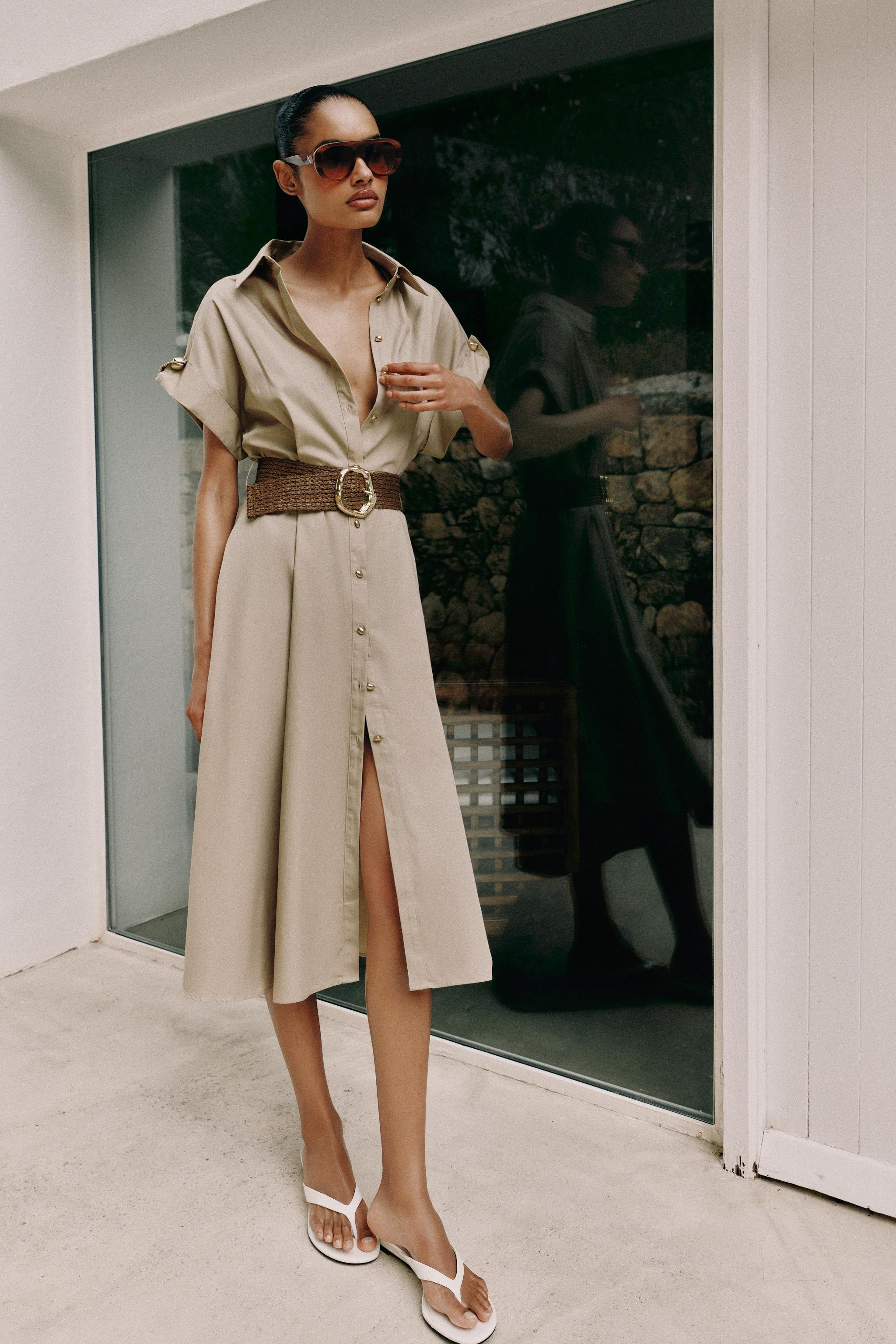 BELTED POPLIN MIDI DRESS | Zara US