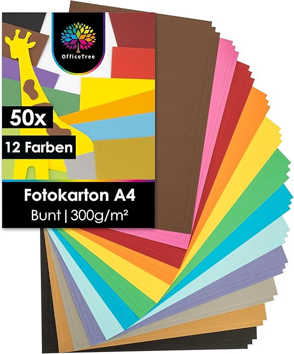 OfficeTree 50x Bastelkarton A4 300g - 12 Farben - Tonkarton A4 Bunt - Pappkarton - Pappe zum Bast... | Amazon (DE)