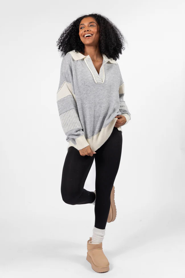 Think About It Heather Grey Collared Oversized Sweater | Pink Lily