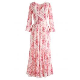 Flounced Cuffs Floral Print Chiffon Wrap Dress | Chicwish