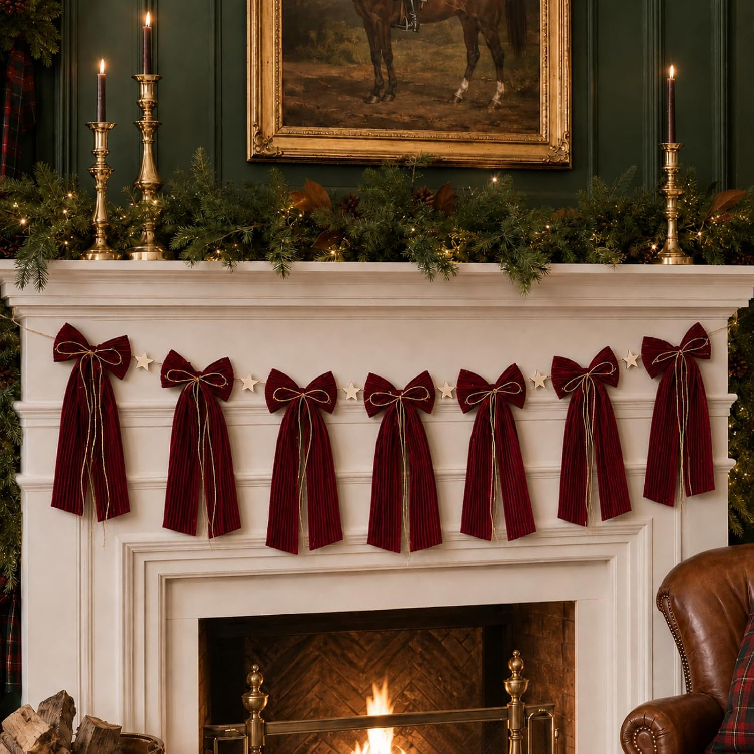 Christmas Bow Garland Satin Ribbon Party Decor, Burgundy, 6 Ft, Novel Style | Amazon (US)