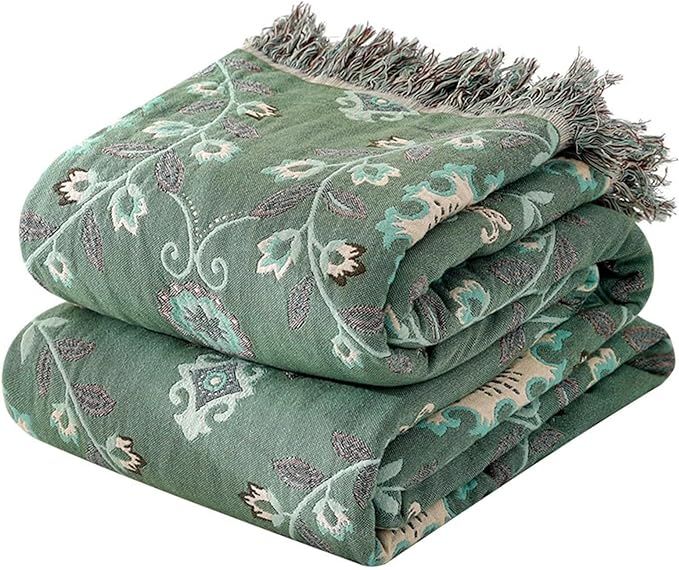 MSGKV Boho Throw Blanket for Couch Bed 100% Cotton Blankets Woven Blanket Green Blanket, Versatil... | Amazon (US)