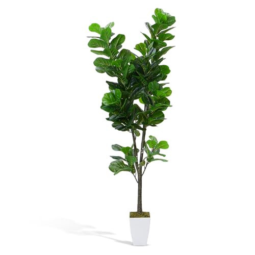 6.6FT Artificial Faux Fiddle Leaf Fig Tree Plants for Indoor Outdoor, Tall Fake Variegated Tree Plants with White Pot for Home House Living Room Office Decor (Green 1Pack) | Amazon (US)