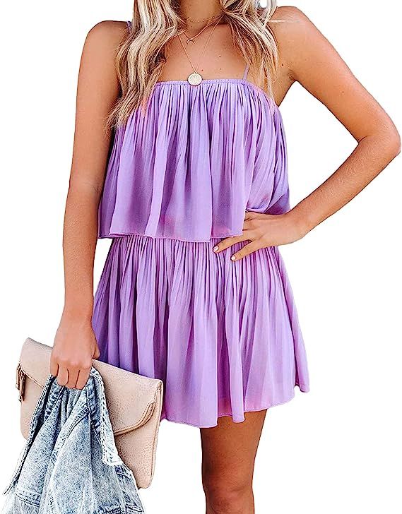 PRETTYGARDEN Women's Summer Short Rompers Spaghetti Strap Elastic Waist Square Neck Ruffle Casual... | Amazon (US)