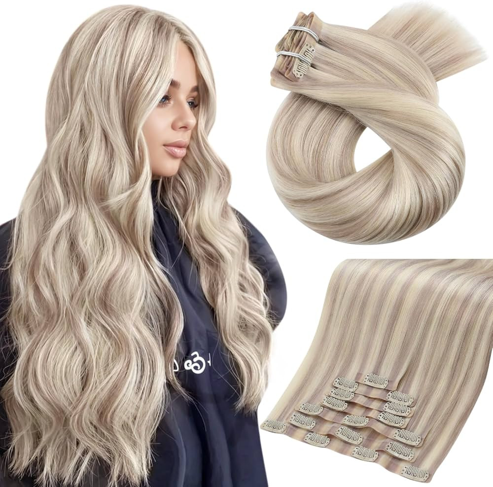Moresoo Clip in Hair Extensions Real Human Hair Blonde Highlight Seamless Human Hair Clip in Exte... | Amazon (US)