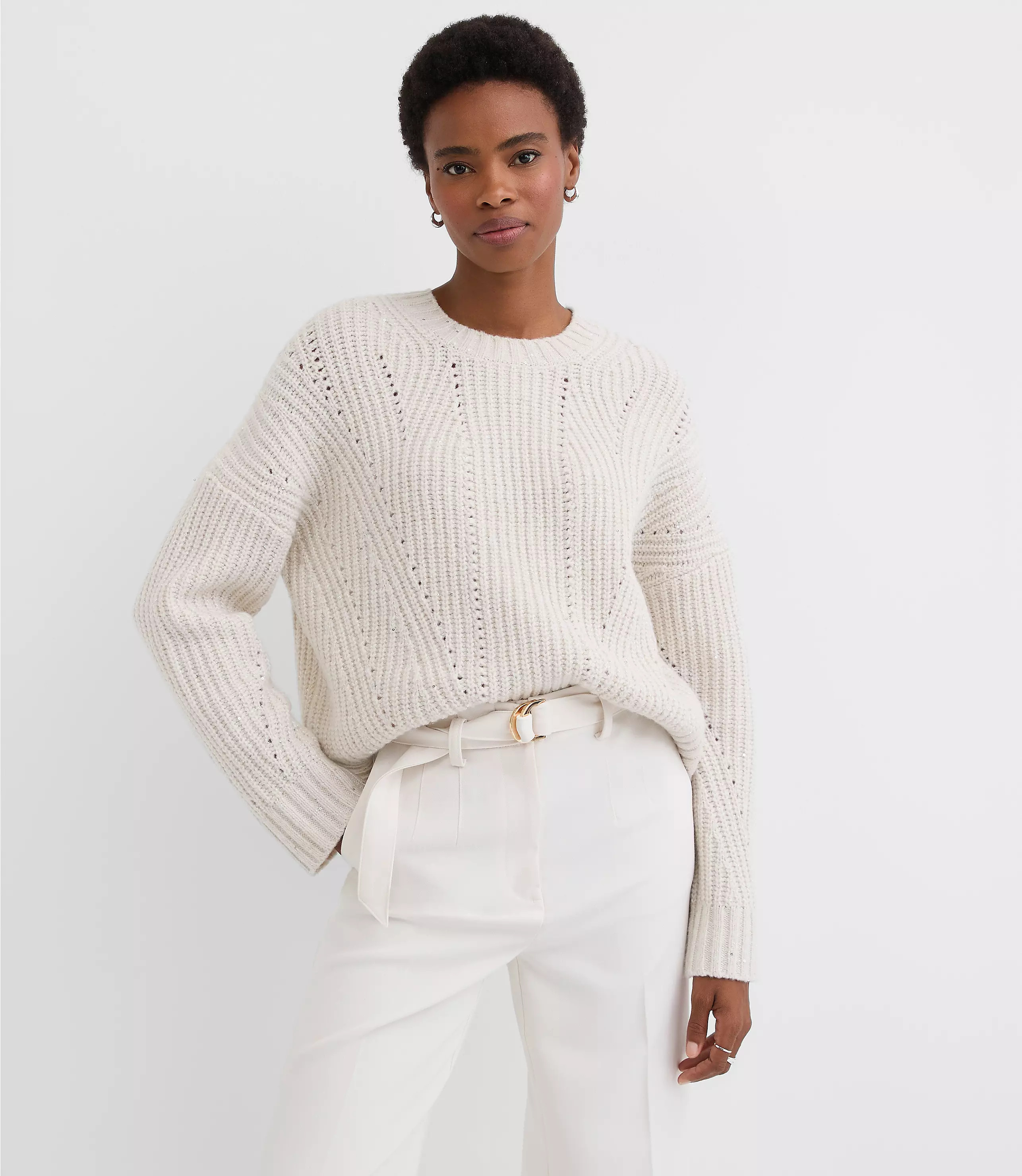 Sequin Pointelle Ribbed Relaxed Sweater | LOFT