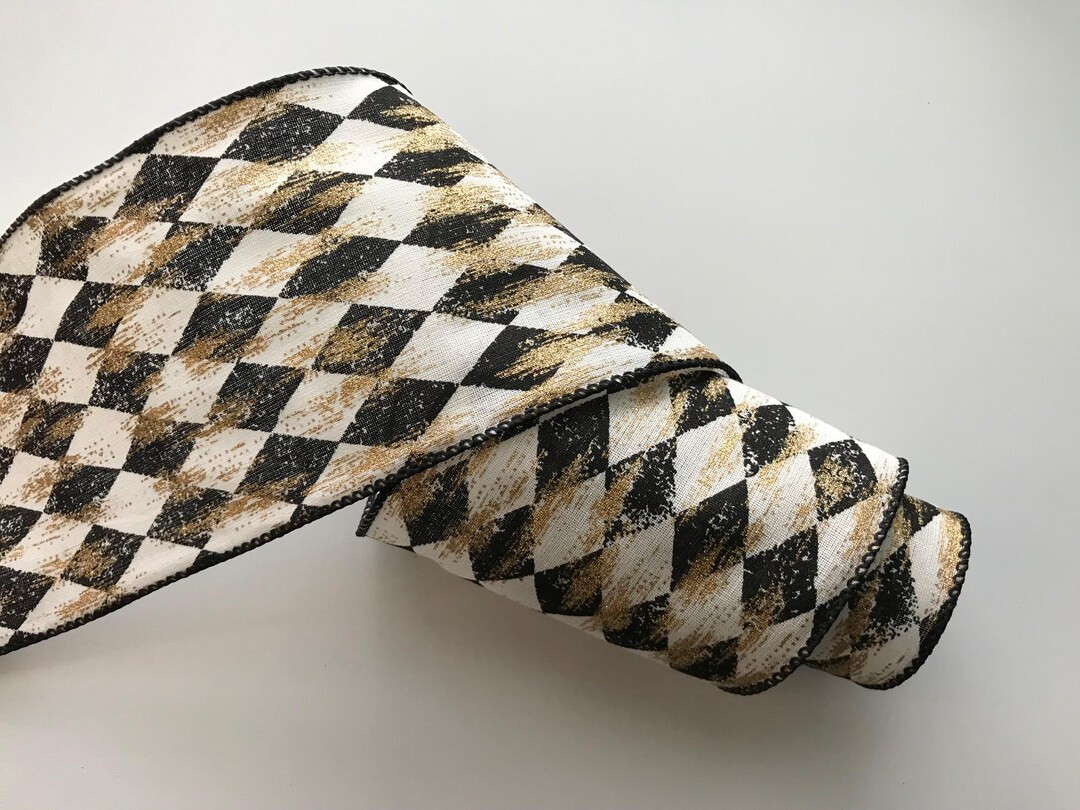 Harlequin Ribbon, Cream and Black With Metallic Gold, 4" Wide, Wired Edge Ribbon for Bows, Wreath... | Etsy (US)