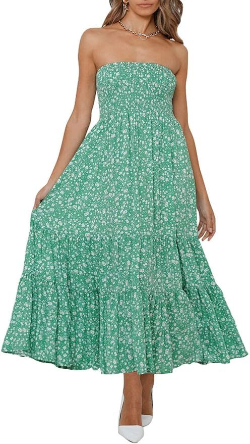 MUXERI Women's Summer Boho Off Shoulder Floral Print Ruffle Strapless A Line Flowy Maxi Dress | Amazon (US)