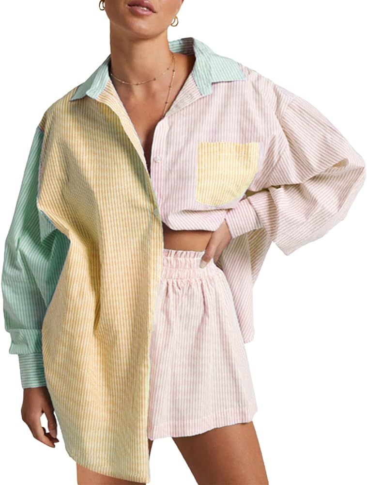 BHMAWSRT Womens 2 Pieces outfit Summer Cotton Linen Half Sleeve Lapel T-Shirt+Drawstring Shorts | Amazon (US)