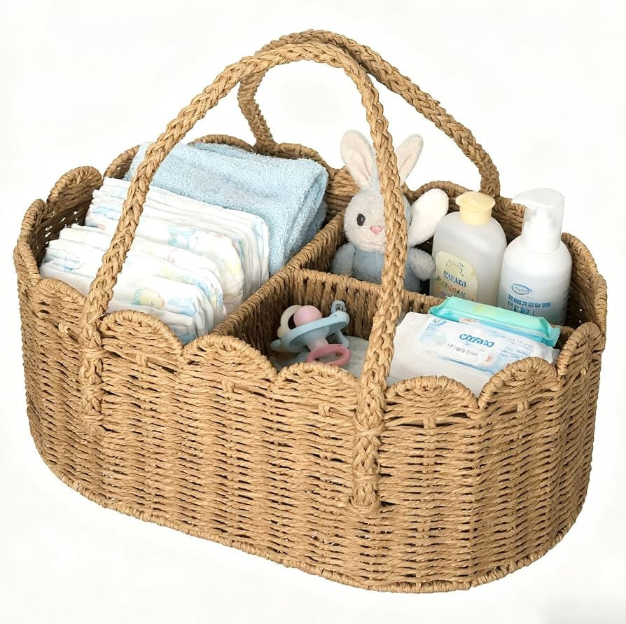 Diaper Caddy Organizer, Paper Rope Storage Baskets Nursery Bin with Removable Divider, Portable C... | Amazon (US)
