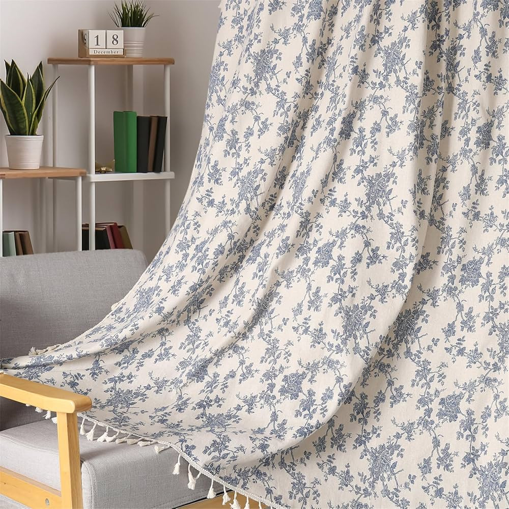 1 Pair Blue Floral Linen Curtains Rustic Country Style Light Filtering Rod Pocket Window Drapes B... | Amazon (US)