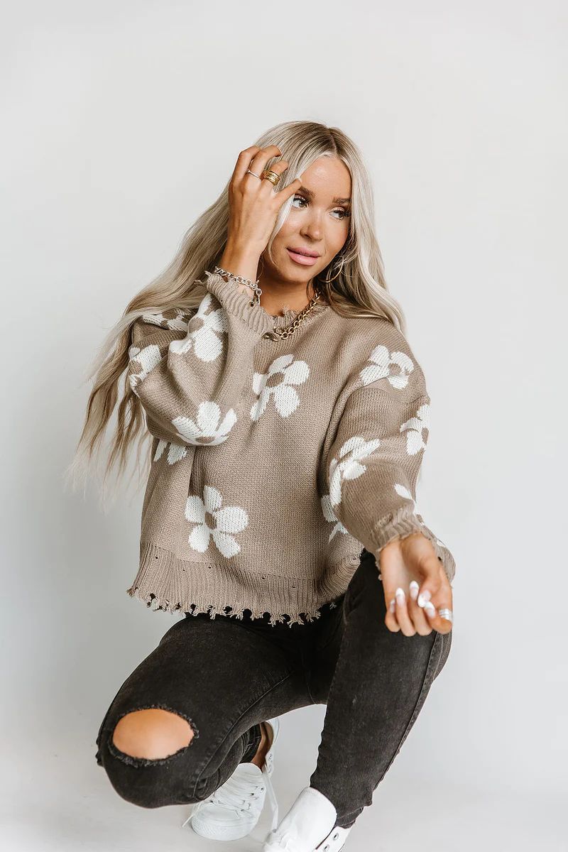 Distressed Daisy Sweater - Taupe | Mindy Mae's Market