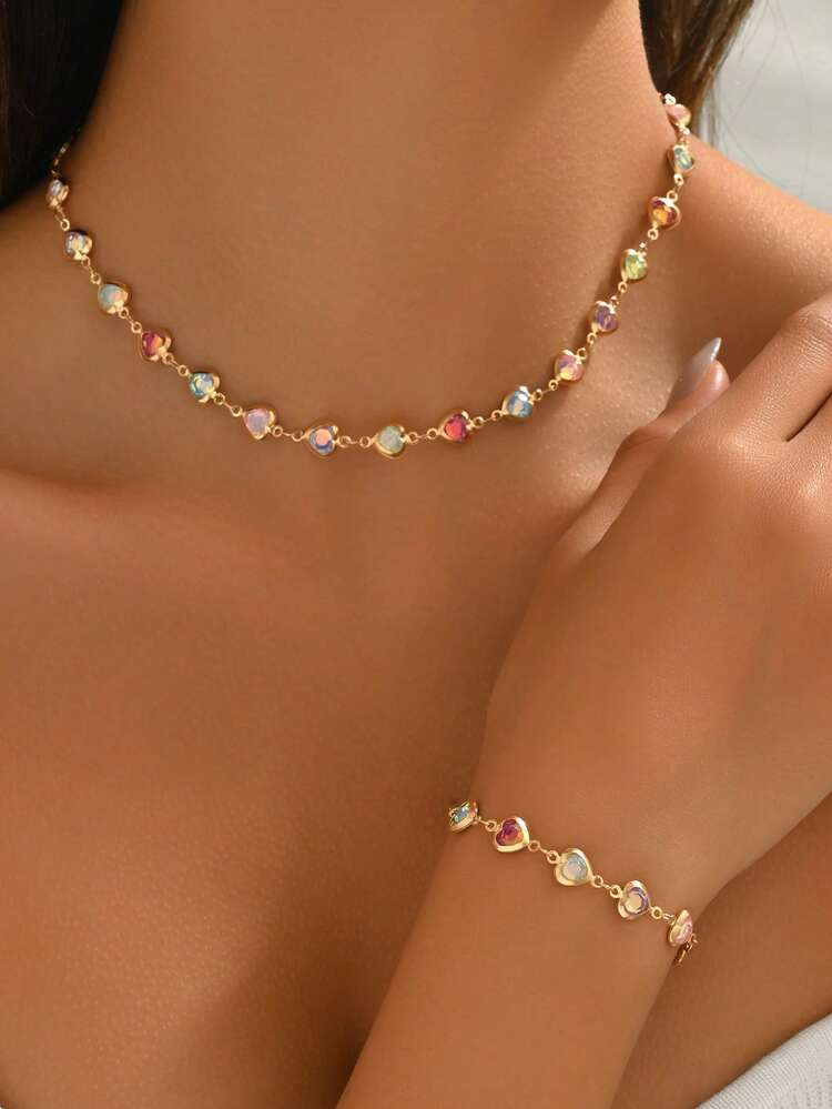 2pcs Dopeamine Style Heart Stone Jewelry Set, Cute Multicolor Crystal Pendant Necklace, Summer Vacation Neck Jewelry | SHEIN