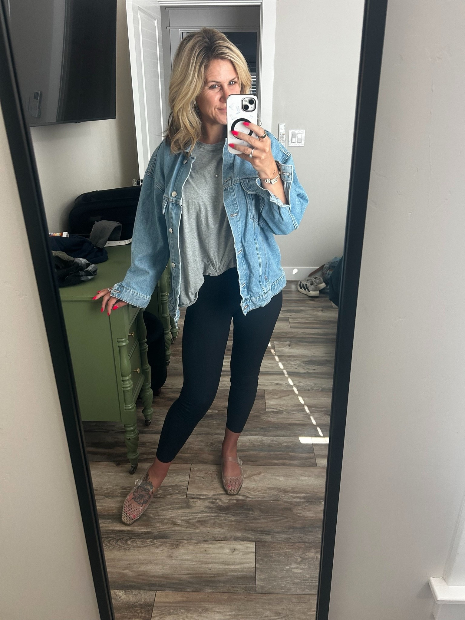 Morning coffee ☕️ my favorite Amazon athletic leggings paired with an oversized FP shirt XS & my favorite baggy denim jacket to create a comfortable but cute look to stroll into town! Always throw on my jellies to complete it the look. #fashion #fashionblogger

#LTKdayinmylife #LTKgrwm #LTKootd