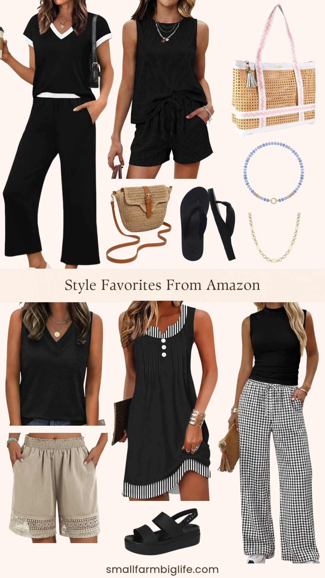 Matching two piece sets are one of my favorite easy outfit formulas for summer and Amazon has so many good options right now. The black wide leg crop pant set, the shorts set, and the black and white gingham wide leg pant set all look so put together with almost zero effort, and the lace trim lounge shorts in beige are such a pretty casual option on their own. The black sundress and loose fit tank top are the kind of wardrobe basics that work with everything, and the natural straw bag and Lilly Pulitzer travel tote with hat holder are perfect summer carry options. Finish the look with the black Crocs Brooklyn wedge sandals or flip flops and you are ready for anything. Tap to shop! 

 #LTKgrwm #LTKootd #LTKOver40