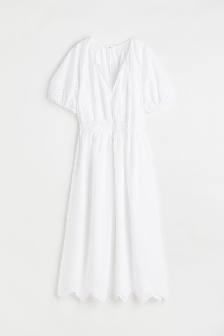 Ankle-length dress in an airy cotton weave with a V-neck and narrow ties at the top. Puff sleeves... | H&M (US + CA)